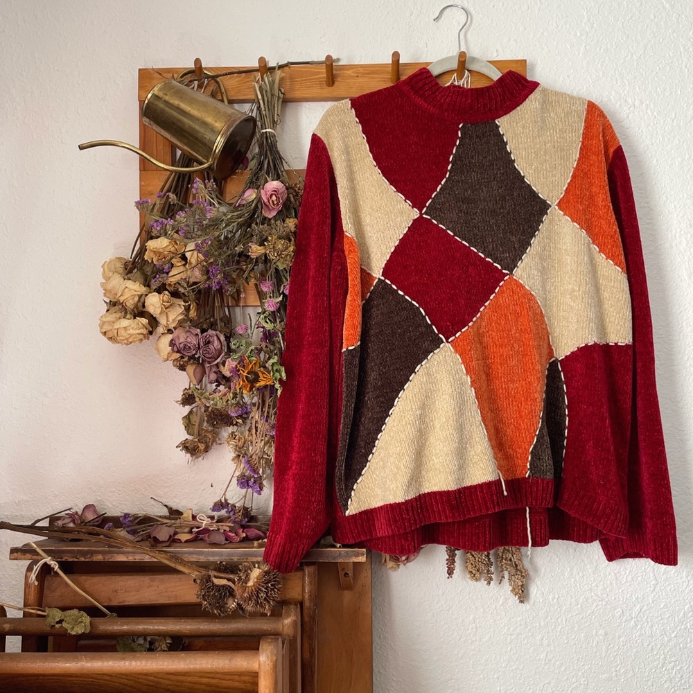90s Chenille Patchwork Style Sweater - image 1